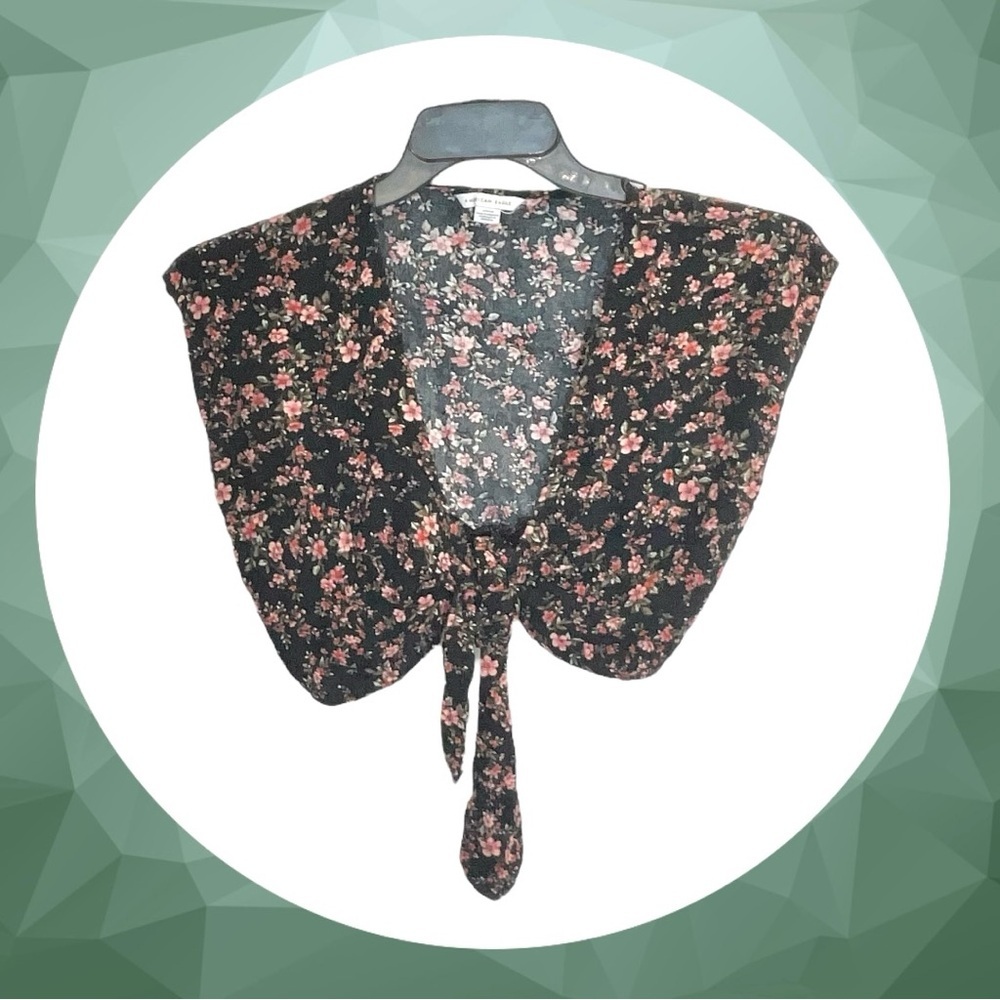 American Eagle Black Floral Short Tie Top Elastic Band Bottom Women Small